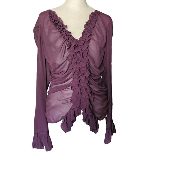 DKNY Women's Purple Silk Ruffle V Neck Pheasant Boho vibe Top Blouse size 10 - Picture 1 of 12